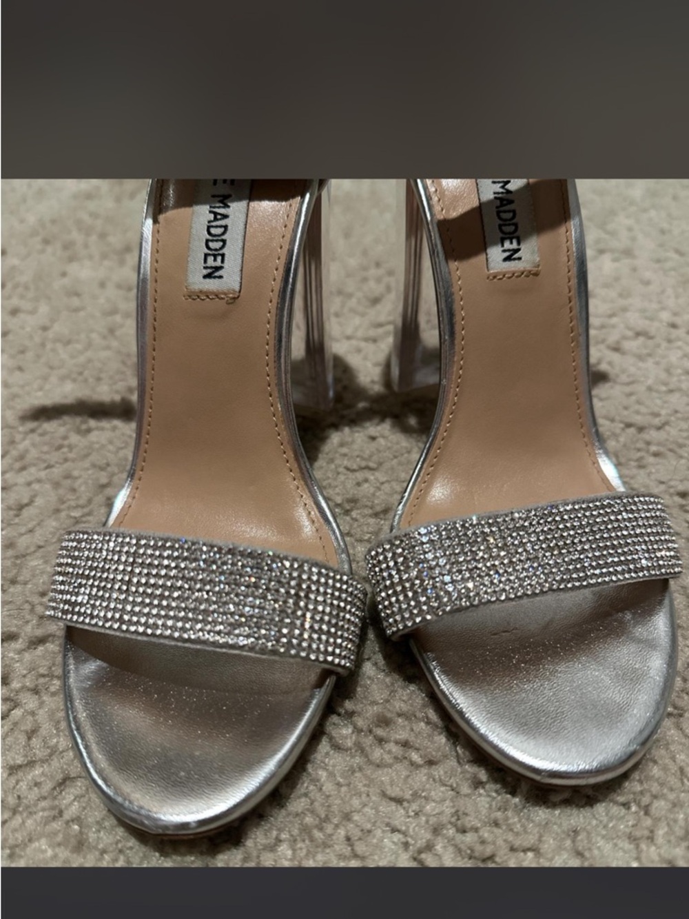 Steve Madden Silver Rhinestone Block-Heel Sandals - Picture 5 of 6